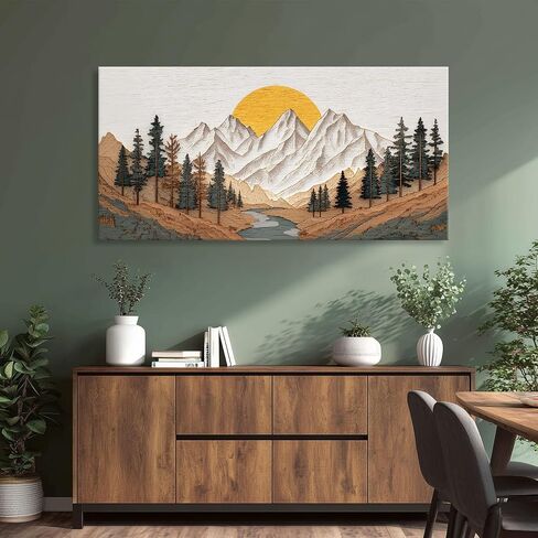 Azatyam Boho Mountain Canvas Wall Art Sunrise Forest River Landscape Painting Farmhouse Wall Decor Modern Nature Wilderness Prints Minimalist Artwork for Living Room Bedroom Office Decor 12"x24" in Kuwait