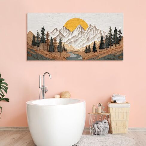 Azatyam Boho Mountain Canvas Wall Art Sunrise Forest River Landscape Painting Farmhouse Wall Decor Modern Nature Wilderness Prints Minimalist Artwork for Living Room Bedroom Office Decor 12"x24" in Kuwait