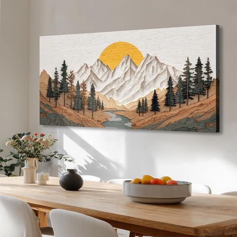 Azatyam Boho Mountain Canvas Wall Art Sunrise Forest River Landscape Painting Farmhouse Wall Decor Modern Nature Wilderness Prints Minimalist Artwork for Living Room Bedroom Office Decor 12"x24" in Kuwait