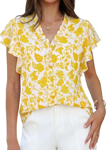 GRACE KARIN 2026 Boho Tops for Women Dressy Casual,Ruffle Sleeve Chiffon Blouses Floral Shirts,V Neck Summer Fashion Clothes in Kuwait