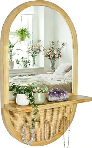 Wood Wall Mirror with Hooks and Shelf, 30x18 Inch, Oval | Boho Style, Removable Shelf, Solid Wood Framed, Handmade Rattan Decor, For Entryway, Bathroom, Nursery, Bedroom, Living Room in Saudi Arabia