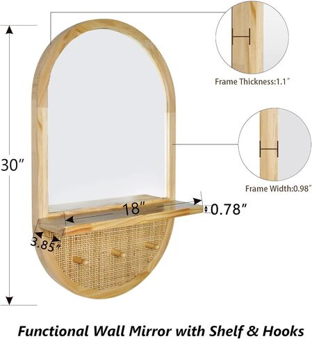Wood Wall Mirror with Hooks and Shelf, 30x18 Inch, Oval | Boho Style, Removable Shelf, Solid Wood Framed, Handmade Rattan Decor, For Entryway, Bathroom, Nursery, Bedroom, Living Room in Saudi Arabia
