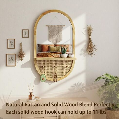Wood Wall Mirror with Hooks and Shelf, 30x18 Inch, Oval | Boho Style, Removable Shelf, Solid Wood Framed, Handmade Rattan Decor, For Entryway, Bathroom, Nursery, Bedroom, Living Room in Saudi Arabia
