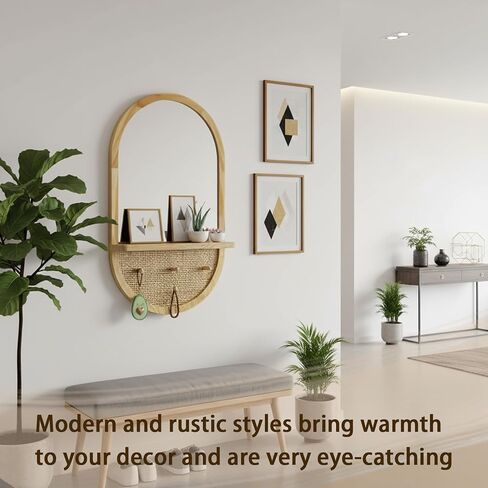 Wood Wall Mirror with Hooks and Shelf, 30x18 Inch, Oval | Boho Style, Removable Shelf, Solid Wood Framed, Handmade Rattan Decor, For Entryway, Bathroom, Nursery, Bedroom, Living Room in Saudi Arabia
