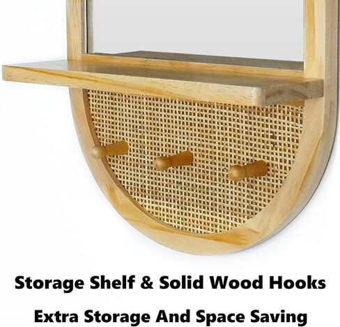 Wood Wall Mirror with Hooks and Shelf, 30x18 Inch, Oval | Boho Style, Removable Shelf, Solid Wood Framed, Handmade Rattan Decor, For Entryway, Bathroom, Nursery, Bedroom, Living Room in Saudi Arabia