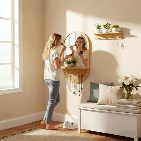 Wood Wall Mirror with Hooks and Shelf, 30x18 Inch, Oval | Boho Style, Removable Shelf, Solid Wood Framed, Handmade Rattan Decor, For Entryway, Bathroom, Nursery, Bedroom, Living Room in Saudi Arabia
