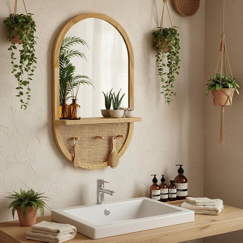 Wood Wall Mirror with Hooks and Shelf, 30x18 Inch, Oval | Boho Style, Removable Shelf, Solid Wood Framed, Handmade Rattan Decor, For Entryway, Bathroom, Nursery, Bedroom, Living Room in Saudi Arabia
