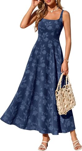 فساتين PRETTYGARDEN النسائية الصيفية الطويلة 2026 كاجوال بدون أكمام ورقبة مربعة لحفلات الزفاف الرسمية وعطلات الشاطئ فستان بوهو (أزرق داكن، M) in Kuwait