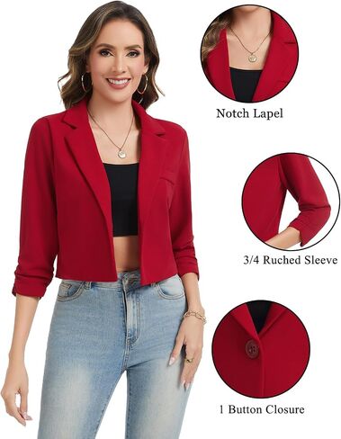 Women Cropped Blazers for Business Casual One Button Lapel Ruched 3/4 Sleeve Blazer Work Office Jackets in Kuwait