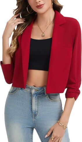 Women Cropped Blazers for Business Casual One Button Lapel Ruched 3/4 Sleeve Blazer Work Office Jackets in Kuwait