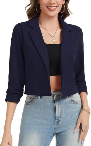 Women Cropped Blazers for Business Casual One Button Lapel Ruched 3/4 Sleeve Blazer Work Office Jackets in Kuwait