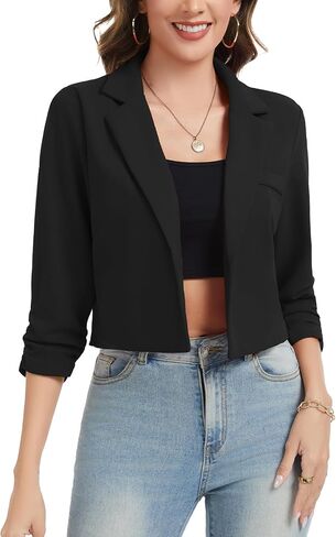 Women Cropped Blazers for Business Casual One Button Lapel Ruched 3/4 Sleeve Blazer Work Office Jackets in Kuwait