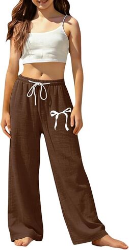 Linen Pants Summer Casual Pants for Girls Bowknot High Waisted Baggy Loose Lightweight Soft Beach Wide Leg Trousers in Saudi Arabia
