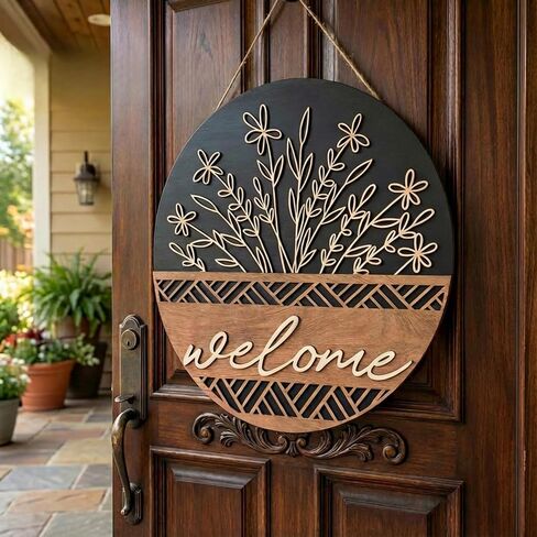 3D Round Wooden Welcome Sign for Front Door - Rustic Farmhouse Wreaths Wall Hanging Decor with Floral Design, Perfect for Porch & Home Entryway in Saudi Arabia