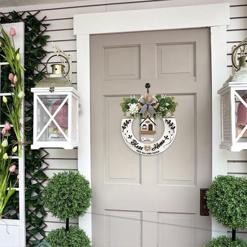 House Warming Gifts for New Home 2026-3D Welcome Sign Round Wood Wreaths for Front Door, Bless This Home Door Wreath Wall Hanging Outdoor, Porch, Farmhouse, Wall, Window Decor(Elegant White) in Saudi Arabia