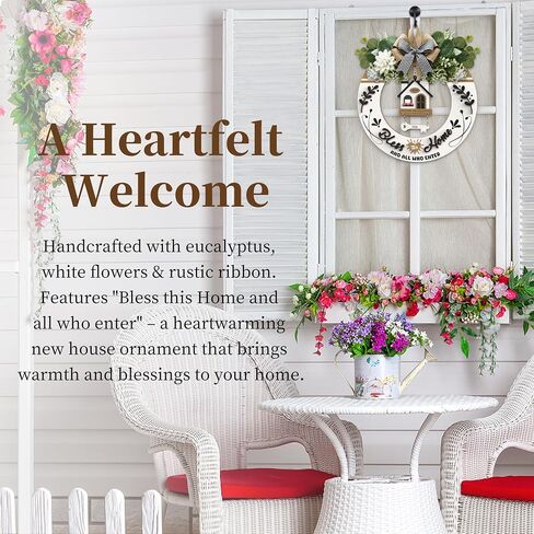 House Warming Gifts for New Home 2026-3D Welcome Sign Round Wood Wreaths for Front Door, Bless This Home Door Wreath Wall Hanging Outdoor, Porch, Farmhouse, Wall, Window Decor(Elegant White) in Saudi Arabia