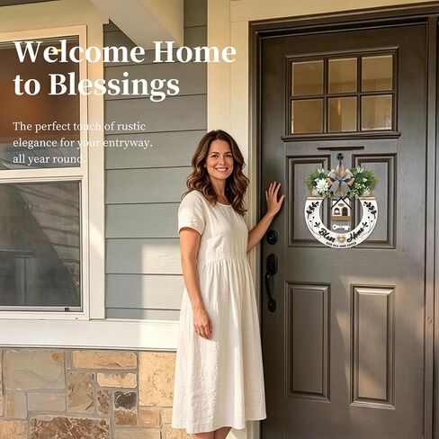 House Warming Gifts for New Home 2026-3D Welcome Sign Round Wood Wreaths for Front Door, Bless This Home Door Wreath Wall Hanging Outdoor, Porch, Farmhouse, Wall, Window Decor(Elegant White) in Saudi Arabia