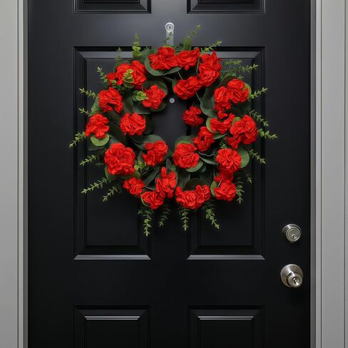 Red Artificial Geranium Wreath, 22 Inch Spring Summer Wreaths for Front Door with Blessed Hanging Sign, for Rustic Farmhouse Decor for Entryway, Porch, Balcony Decor in Saudi Arabia