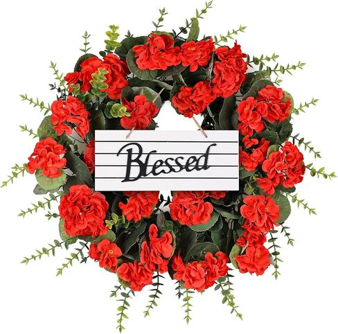 Red Artificial Geranium Wreath, 22 Inch Spring Summer Wreaths for Front Door with Blessed Hanging Sign, for Rustic Farmhouse Decor for Entryway, Porch, Balcony Decor in Saudi Arabia