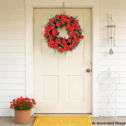 Red Artificial Geranium Wreath, 22 Inch Spring Summer Wreaths for Front Door with Blessed Hanging Sign, for Rustic Farmhouse Decor for Entryway, Porch, Balcony Decor in Saudi Arabia