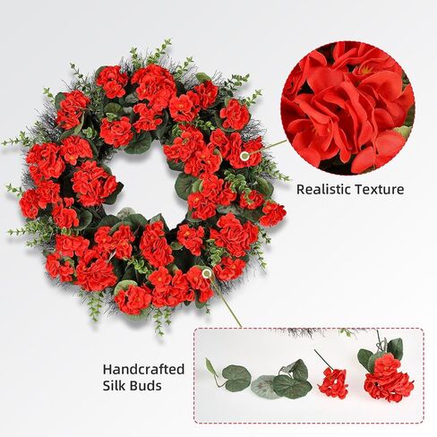 Red Artificial Geranium Wreath, 22 Inch Spring Summer Wreaths for Front Door with Blessed Hanging Sign, for Rustic Farmhouse Decor for Entryway, Porch, Balcony Decor in Saudi Arabia