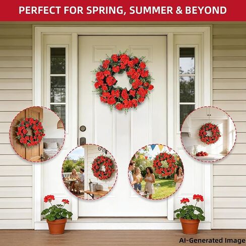 Red Artificial Geranium Wreath, 22 Inch Spring Summer Wreaths for Front Door with Blessed Hanging Sign, for Rustic Farmhouse Decor for Entryway, Porch, Balcony Decor in Saudi Arabia