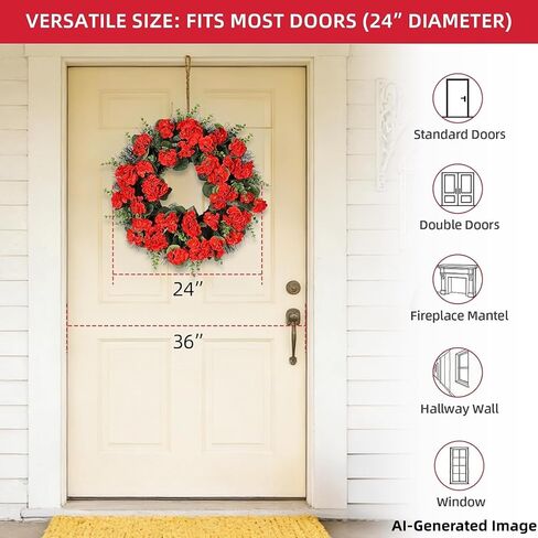 Red Artificial Geranium Wreath, 22 Inch Spring Summer Wreaths for Front Door with Blessed Hanging Sign, for Rustic Farmhouse Decor for Entryway, Porch, Balcony Decor in Saudi Arabia