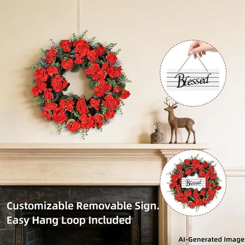 Red Artificial Geranium Wreath, 22 Inch Spring Summer Wreaths for Front Door with Blessed Hanging Sign, for Rustic Farmhouse Decor for Entryway, Porch, Balcony Decor in Saudi Arabia
