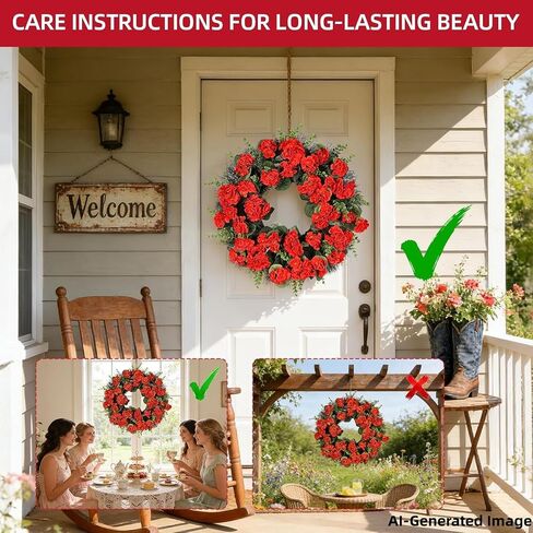 Red Artificial Geranium Wreath, 22 Inch Spring Summer Wreaths for Front Door with Blessed Hanging Sign, for Rustic Farmhouse Decor for Entryway, Porch, Balcony Decor in Saudi Arabia