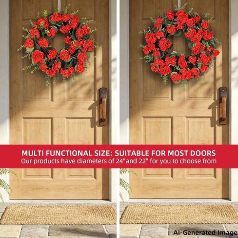 Red Artificial Geranium Wreath, 22 Inch Spring Summer Wreaths for Front Door with Blessed Hanging Sign, for Rustic Farmhouse Decor for Entryway, Porch, Balcony Decor in Saudi Arabia