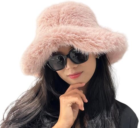 Women's Faux Fur Bucket Hat, Fluffy Wide Brim Warm Plush Winter Hat, Fashion Furry Fisherman Cap for Cold Weather in Saudi Arabia