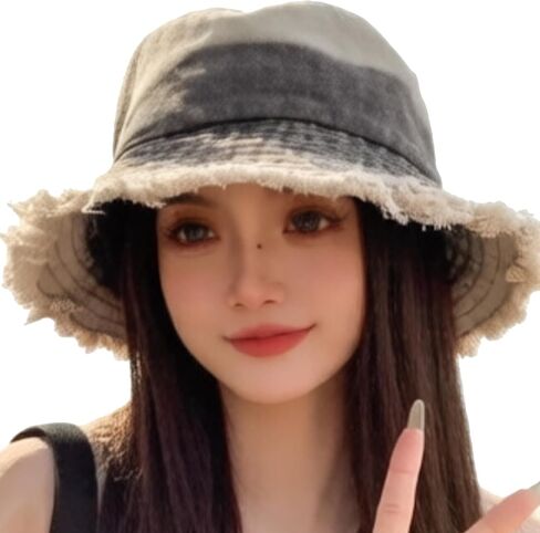 Women Retro Sun Hat Frayed Edge Brim Bucket Hats Distressed Denim Summer Beach Travel Caps Two Tone Contrasting in Saudi Arabia