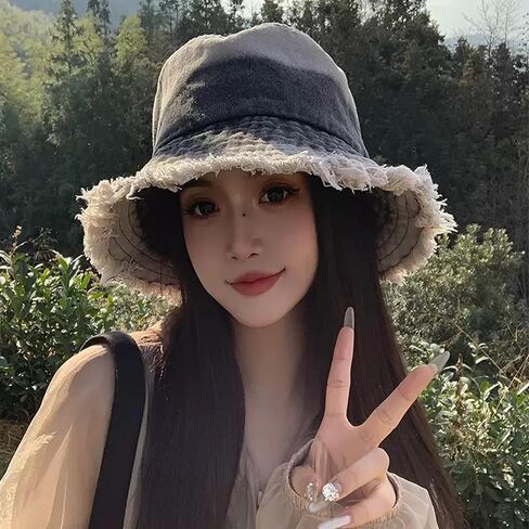 Women Retro Sun Hat Frayed Edge Brim Bucket Hats Distressed Denim Summer Beach Travel Caps Two Tone Contrasting in Saudi Arabia