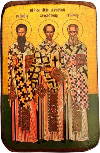 Wooden Greek Christian Orthodox Icon of The Three Hierarchs – Saint Basil, Saint Gregory & Saint John – Handmade Religious Wood Icon – 3.5x2.7 in / 9x7 cm / A0 in Saudi Arabia