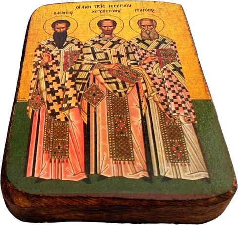 Wooden Greek Christian Orthodox Icon of The Three Hierarchs – Saint Basil, Saint Gregory & Saint John – Handmade Religious Wood Icon – 3.5x2.7 in / 9x7 cm / A0 in Saudi Arabia