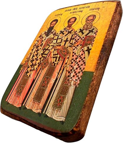 Wooden Greek Christian Orthodox Icon of The Three Hierarchs – Saint Basil, Saint Gregory & Saint John – Handmade Religious Wood Icon – 3.5x2.7 in / 9x7 cm / A0 in Saudi Arabia