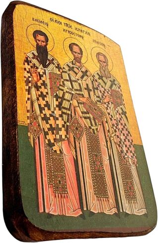Wooden Greek Christian Orthodox Icon of The Three Hierarchs – Saint Basil, Saint Gregory & Saint John – Handmade Religious Wood Icon – 3.5x2.7 in / 9x7 cm / A0 in Saudi Arabia