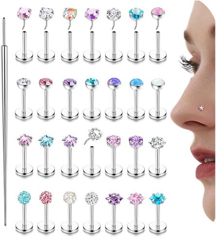Nose Rings Studs Flat Back Earrings Hypoallergenic - Threadless Surgical Steel Nose Ring Studs Cartilage Earring Monroe Nostril Labret Medusa Tragus Conch Helix Piercing Jewelry for Women Men 28Pcs in Saudi Arabia