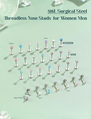 Nose Rings Studs Flat Back Earrings Hypoallergenic - Threadless Surgical Steel Nose Ring Studs Cartilage Earring Monroe Nostril Labret Medusa Tragus Conch Helix Piercing Jewelry for Women Men 28Pcs in Saudi Arabia