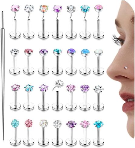 Nose Rings Studs Flat Back Earrings Hypoallergenic - Threadless Surgical Steel Nose Ring Studs Cartilage Earring Monroe Nostril Labret Medusa Tragus Conch Helix Piercing Jewelry for Women Men 28Pcs in Saudi Arabia