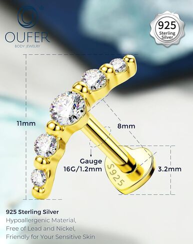 OUFER Body Piercing 925 Sterling Silver Flat Back Earrings Arc Helix Earrings for Women 16G Gold Cartilage Studs 8MM Cartilage Conch Piercing Jewelry Flat Helix Piercing Jewelry Hypoallergenic in Saudi Arabia