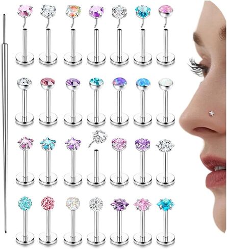 Nose Rings Studs Flat Back Earrings Hypoallergenic - Threadless Surgical Steel Nose Ring Studs Cartilage Earring Monroe Nostril Labret Medusa Tragus Conch Helix Piercing Jewelry for Women Men 28Pcs in Saudi Arabia