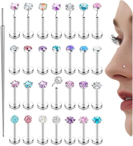 Nose Rings Studs Flat Back Earrings Hypoallergenic - Threadless Surgical Steel Nose Ring Studs Cartilage Earring Monroe Nostril Labret Medusa Tragus Conch Helix Piercing Jewelry for Women Men 28Pcs in Saudi Arabia