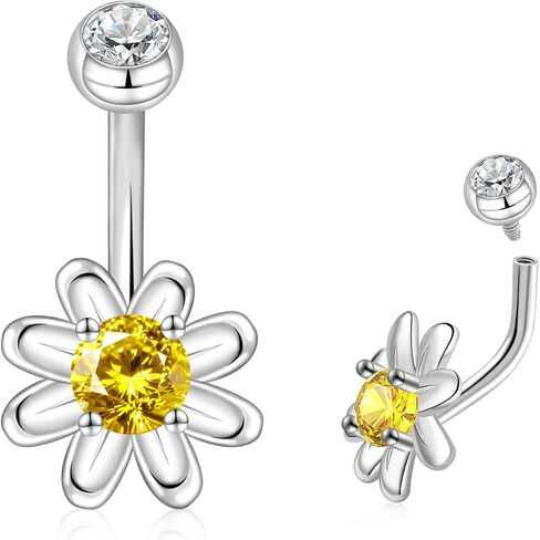 14G Daisy Belly Button Rings - 925 Sterling Silver CZ Internally Screw Belly Stud Flower Navel piercing Jewelry Gifts for Women Men in Kuwait