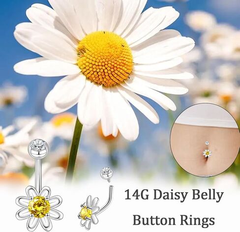 14G Daisy Belly Button Rings - 925 Sterling Silver CZ Internally Screw Belly Stud Flower Navel piercing Jewelry Gifts for Women Men in Kuwait