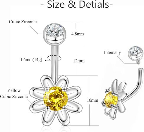 14G Daisy Belly Button Rings - 925 Sterling Silver CZ Internally Screw Belly Stud Flower Navel piercing Jewelry Gifts for Women Men in Kuwait