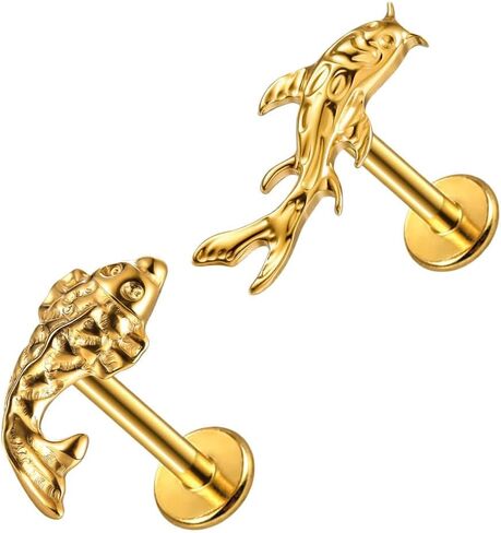 LADEMAYH 2Pcs Koi Fish Piercing Mix Set, ASTM F136 Titanium Threadless Labret Studs with 6mm & 8mm Posts, 20G 18G 16G 14K Gold Plated Flat Back Earrings for Helix Tragus Conch in Kuwait