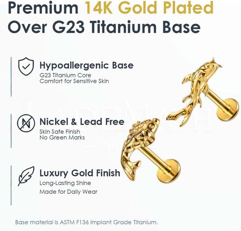 LADEMAYH 2Pcs Koi Fish Piercing Mix Set, ASTM F136 Titanium Threadless Labret Studs with 6mm & 8mm Posts, 20G 18G 16G 14K Gold Plated Flat Back Earrings for Helix Tragus Conch in Kuwait