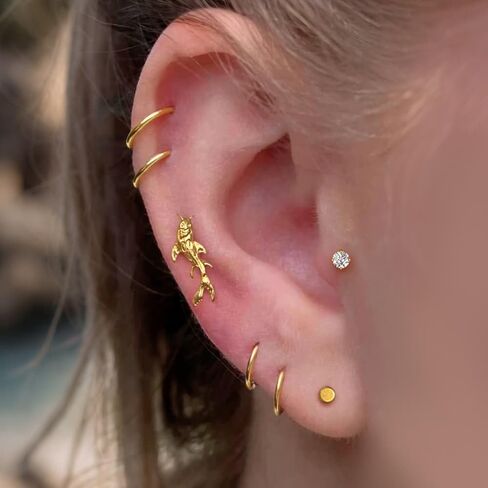 LADEMAYH 2Pcs Koi Fish Piercing Mix Set, ASTM F136 Titanium Threadless Labret Studs with 6mm & 8mm Posts, 20G 18G 16G 14K Gold Plated Flat Back Earrings for Helix Tragus Conch in Kuwait