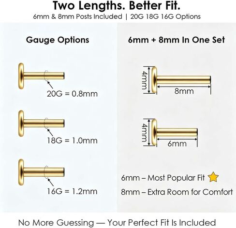LADEMAYH 2Pcs Koi Fish Piercing Mix Set, ASTM F136 Titanium Threadless Labret Studs with 6mm & 8mm Posts, 20G 18G 16G 14K Gold Plated Flat Back Earrings for Helix Tragus Conch in Kuwait